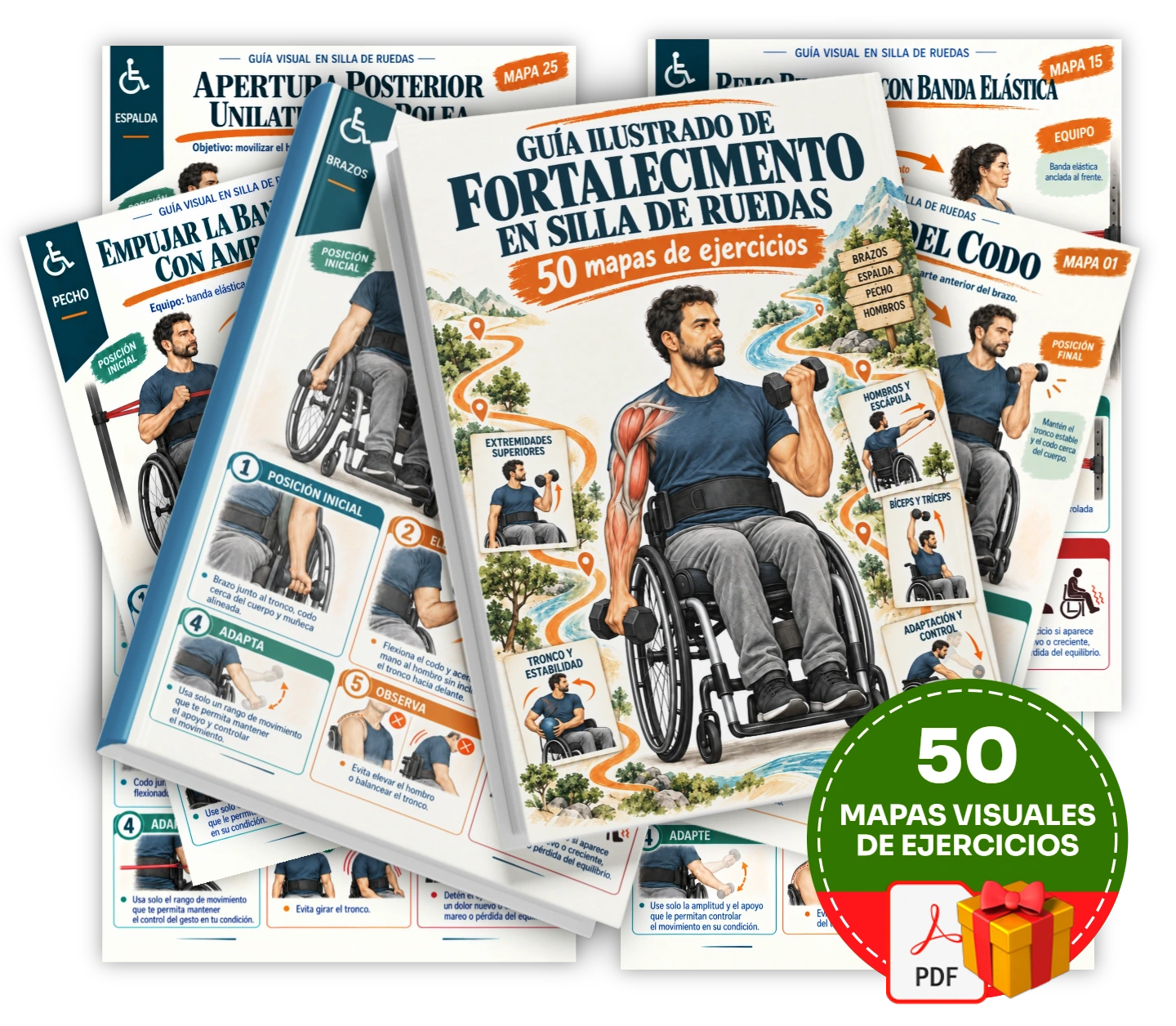 50 mapas visuales de ejercicios para explorar el fortalecimiento de la parte superior del cuerpo en silla de ruedas.